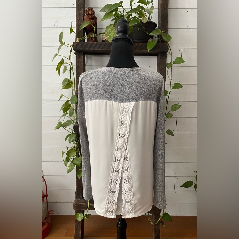 Rewind: Gray Sweater Short with White Criss Cross Open Lace Back